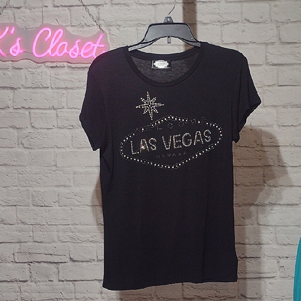 Y M F Black Graphic Tee with Rhinestone Detail Size Large